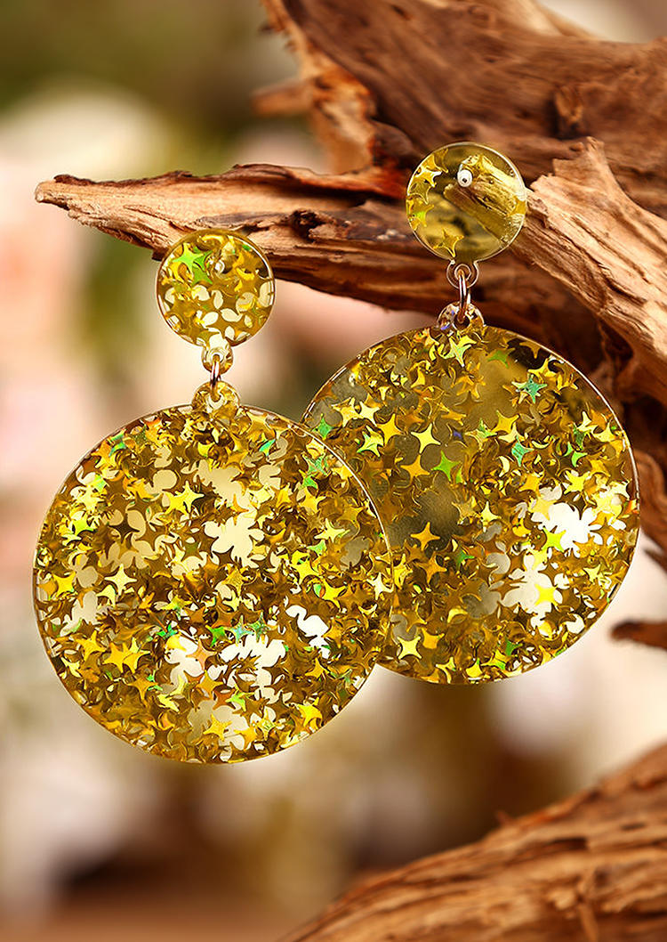 

Vintage Sequined Four-Pointed Star Round Pendant Earrings, Yellow, 493949