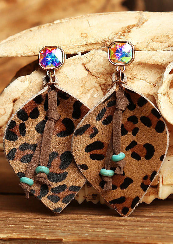 

Bohemian Leopard Rhinestone Faux Fur PU Leather Earrings, Coffee, 494099