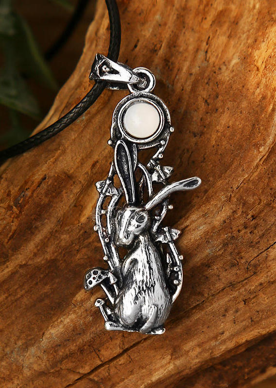 

Hollow Out Moonstone Rabbit Pendant Leather Rope Necklace, Silver, 498160