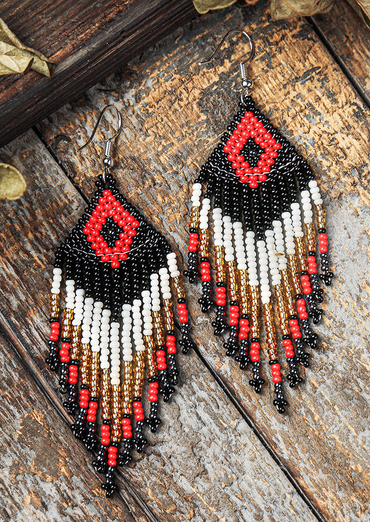 

Bohemian Colorful Beading Geometric Tassel Earrings, Black, 498383
