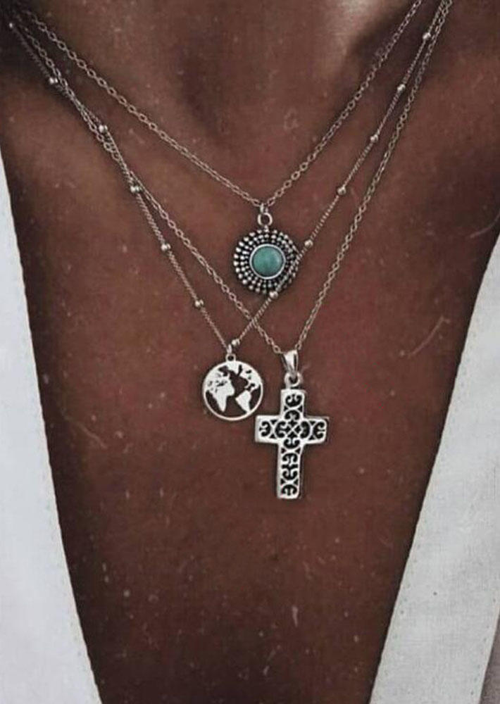 

Map Cross Turquoise Multi-Layered Necklace - Silver, 498605