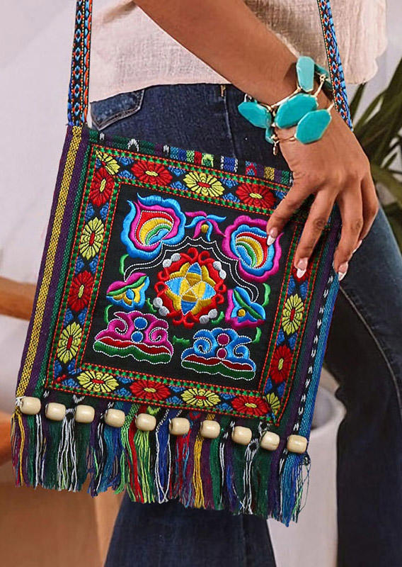 

Vintage Ethnic Embroidered Floral Beading Tassel Crossbody Bag, Blue, 499315