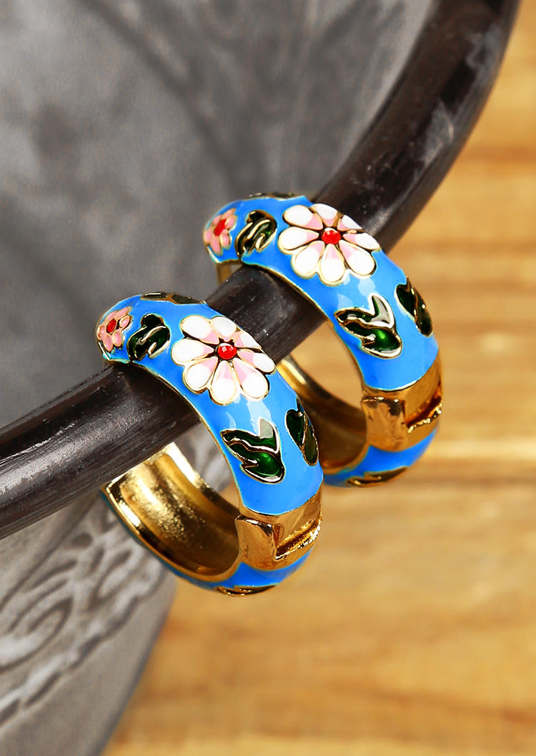 

Vintage Ethnic Style Floral Round Alloy Earrings, Black;blue, 499331