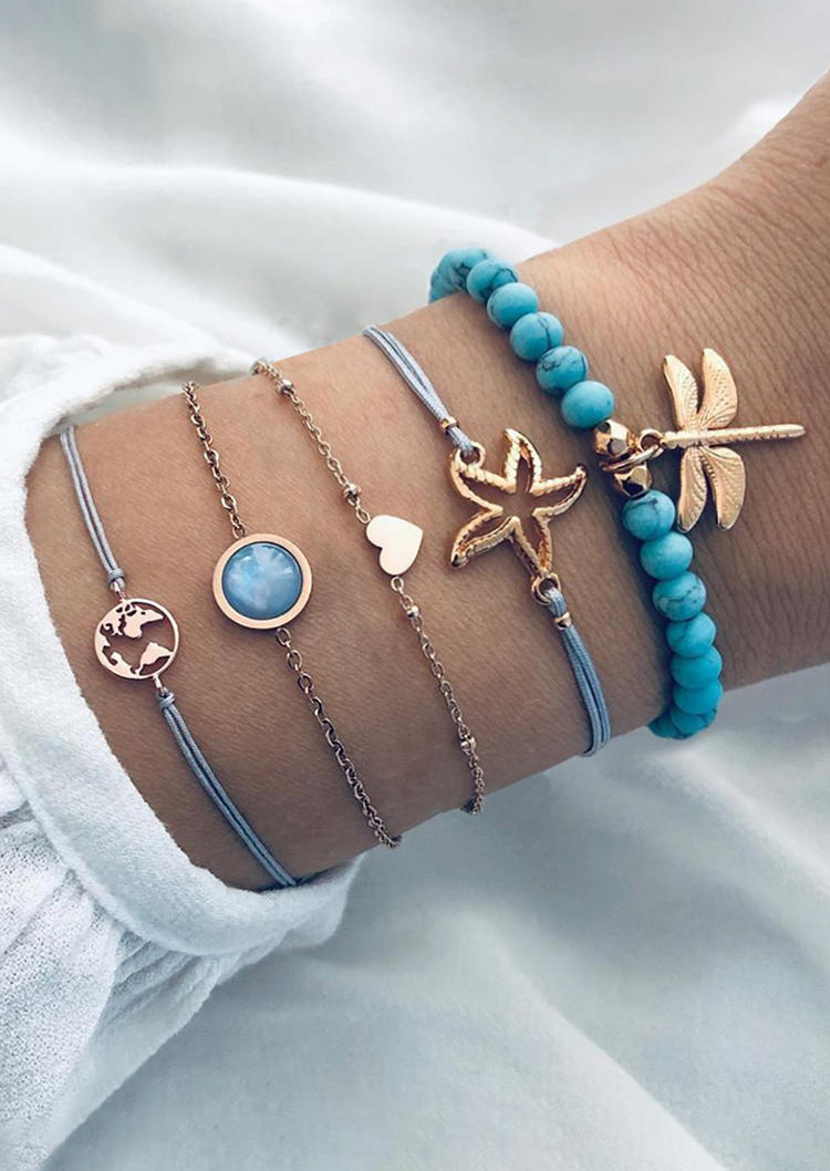 

5Pcs Dragonfly Starfish Map Heart Beading Bracelet Set - Cyan, 499353