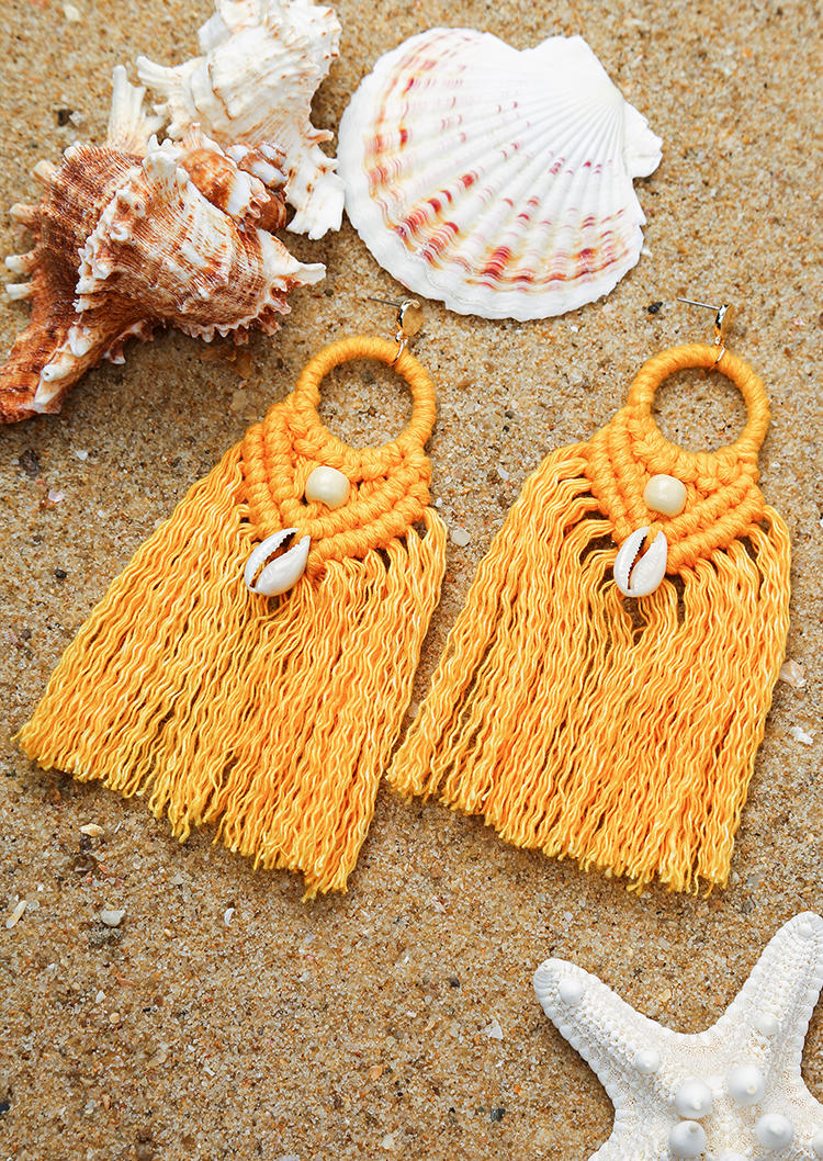 

Bohemia Shell Wooden Bead Tassel Braided Stud Earrings, Yellow, 499524