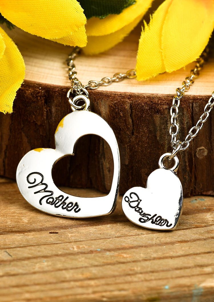 

2Pcs Mother Daughter Hollow Out Heart Necklace Set, Silver, 502783
