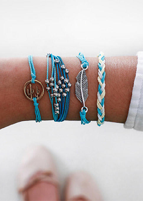 

4Pcs Feather Cactus Leaf Beading Adjustable Braided Bracelet Set, Blue, 502989