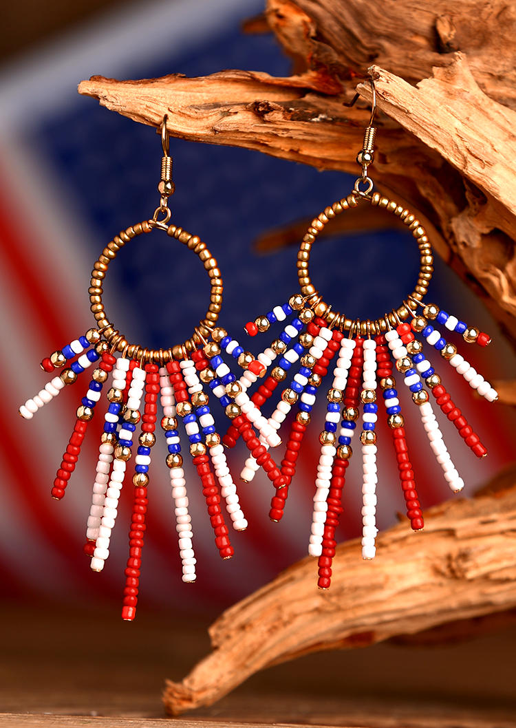 

American Flag Colorful Beading Hook Earrings, Multicolor, 504715