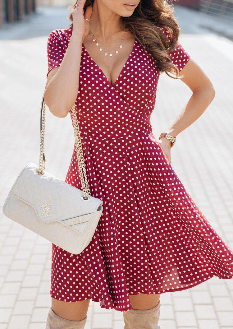 

Polka Dot V-Neck Mini Dress - Red, 505319