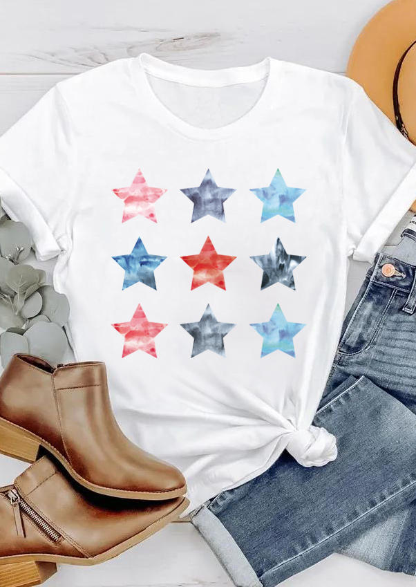 

Watercolor Star O-Neck T-Shirt Tee - White, 505365