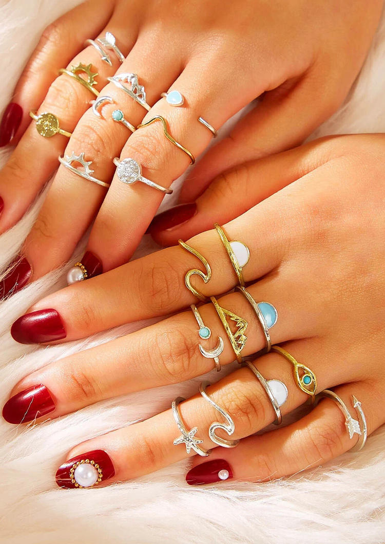 

19Pcs Sun Moon Wave Turquoise Rings, Multicolor, 505705