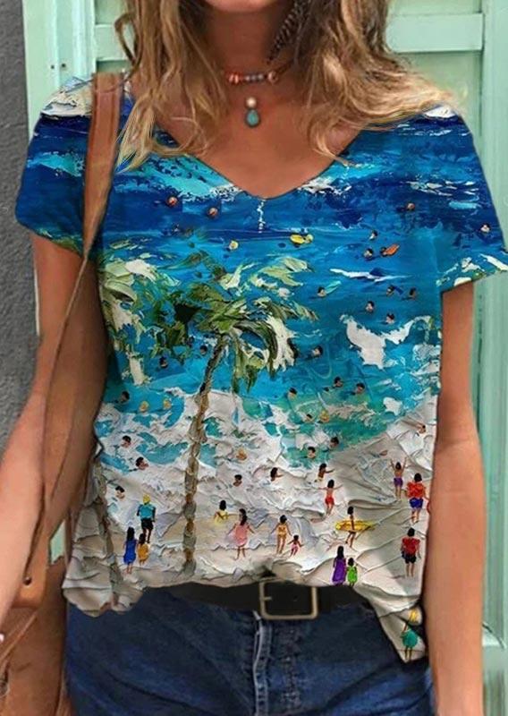 

Beach Coconut Tree Oil Painting Blouse, Multicolor, 505707
