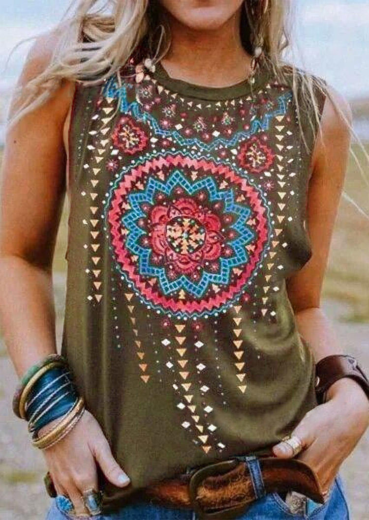 

Mandala Floral Sleeveless O-Neck Tank - Army Green, 505726