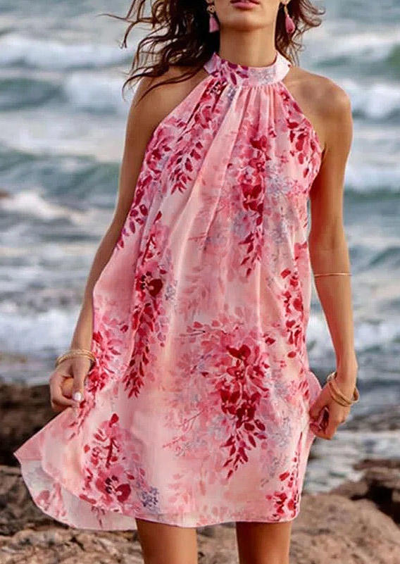 

Floral Ruffled Halter Sleeveless Mini Dress - Pink, 505747