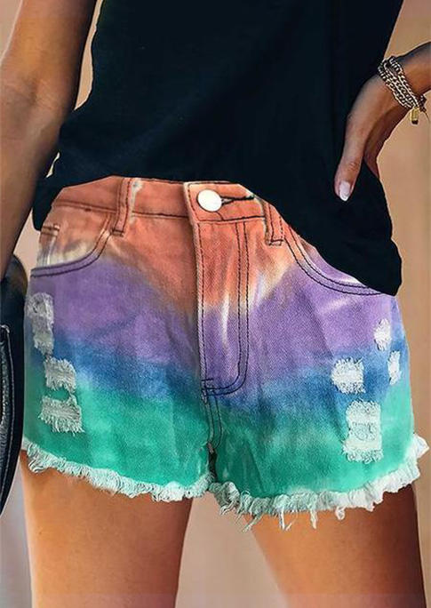 

Tie Dye Gradient Frayed Hem Pocket Denim Shorts, Multicolor, 505759