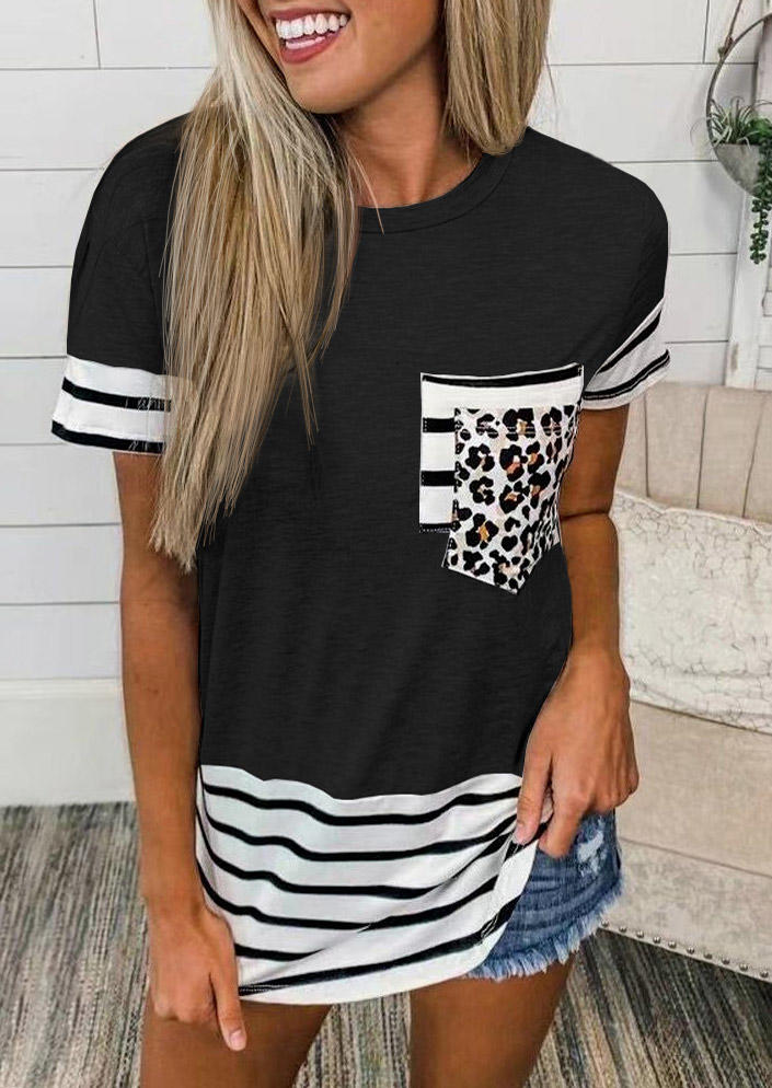 

Striped Leopard Pocket Splcing Short Sleeve Blouse - Black, 505760