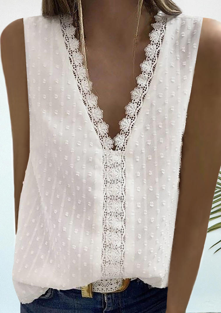 

Lace Dotted Swiss V-Neck Tank - White, 505769