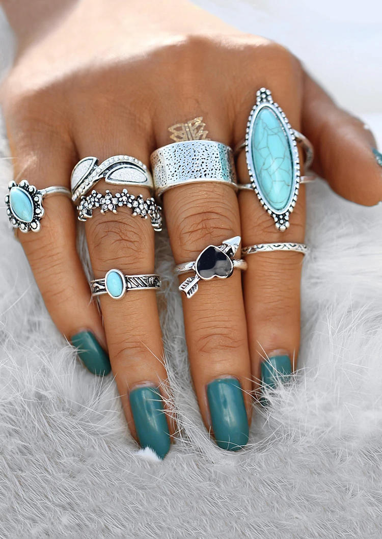 

8Pcs Vintage Turquoise Floral Heart Arrow Ring Set, Silver, 505773