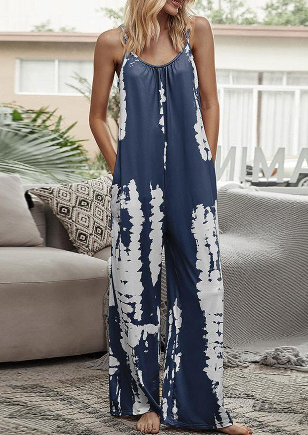 

Tie Dye Pocket Open Back Adjustable Strap Wide Leg Jumpsuit, Multicolor, 505775
