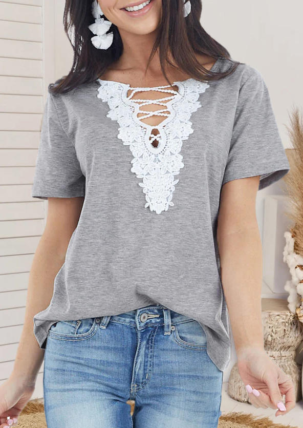 

Lace Hollow Out Criss-Cross Blouse - Gray, 505780