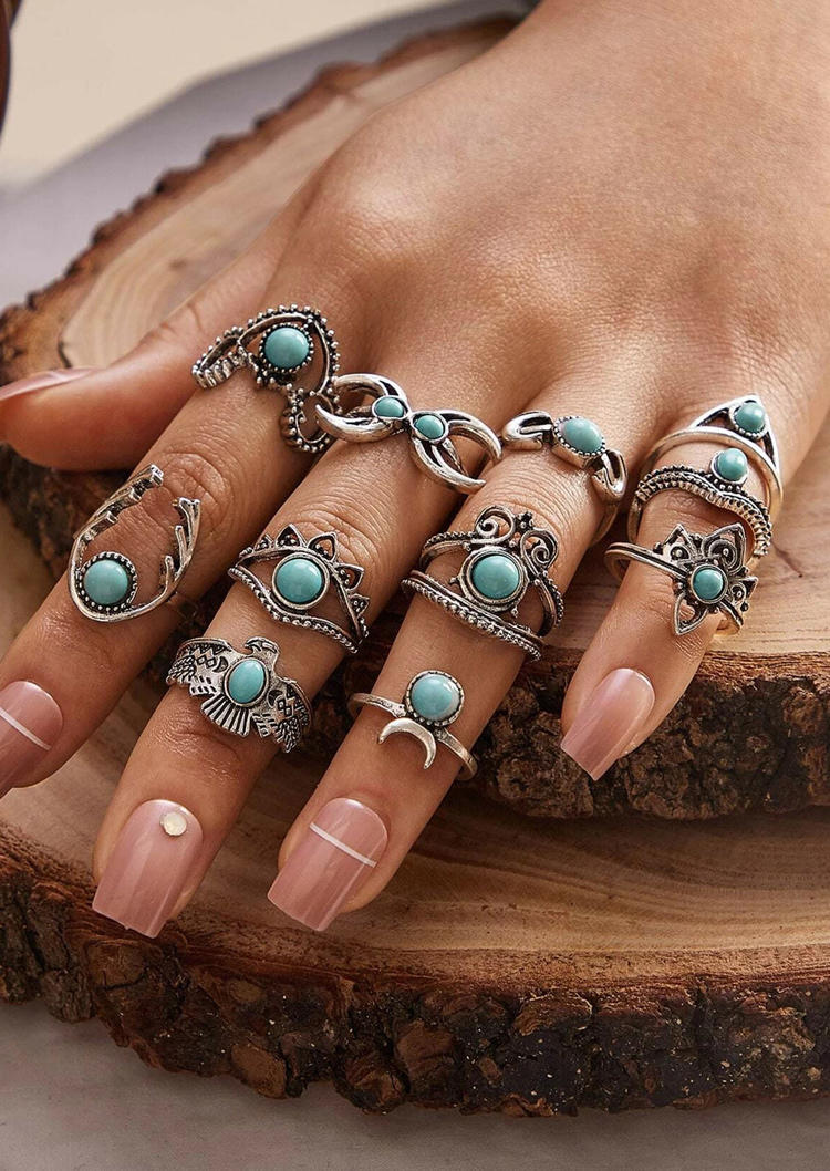 

11Pcs Turquoise Eagle Moon Ring Set, Silver, 505783
