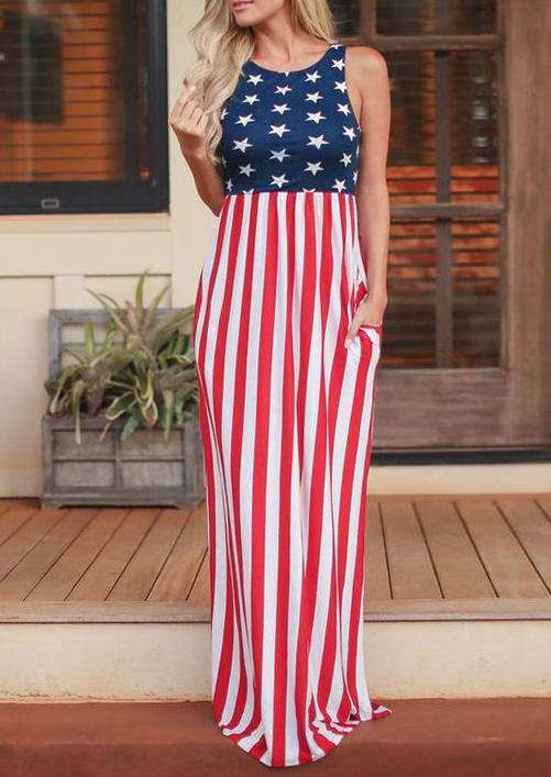 

American Flag Star Striped Pocket Maxi Dress, Multicolor, 505786