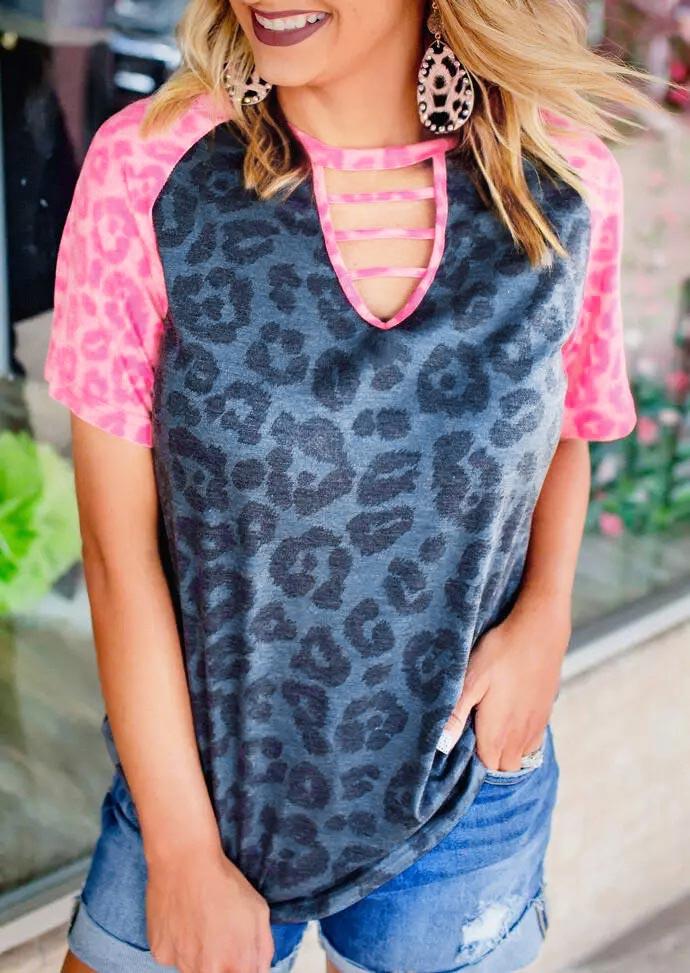 

Leopard Hollow Out Keyhole Neck Blouse, 505797