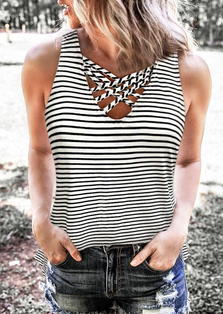 

Striped Criss-Cross Sleeveless Tank, Stripe, 505798
