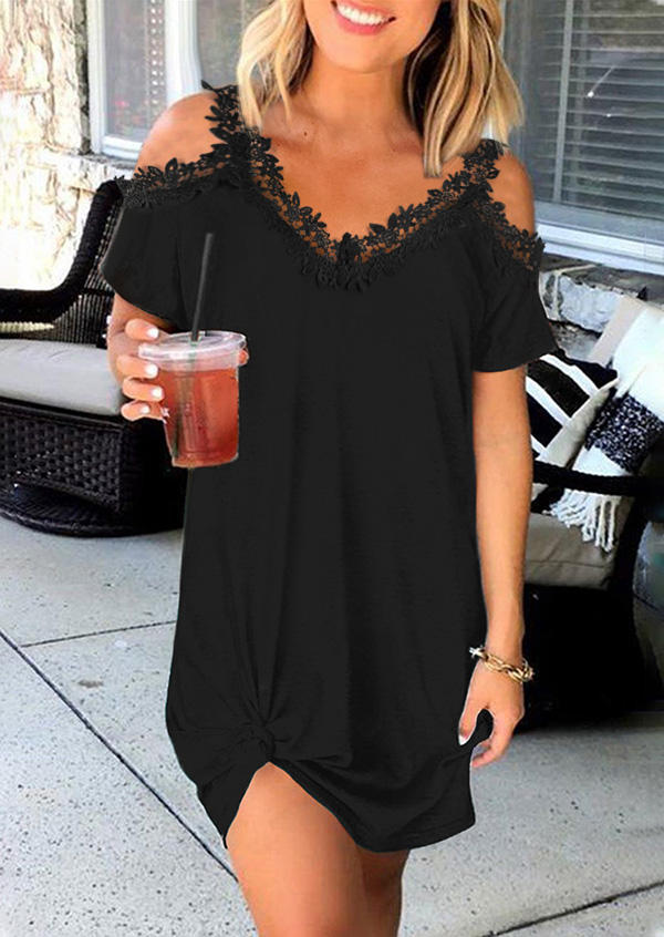 

Lace Splicing Cold Shoulder V-Neck Mini Dress - Black, 505799
