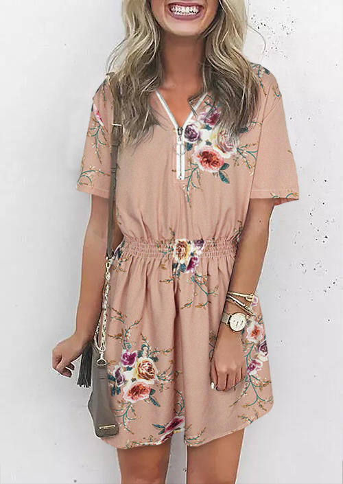 

Floral Zipper Collar Elastic Waist Mini Dress, Multicolor, 505803