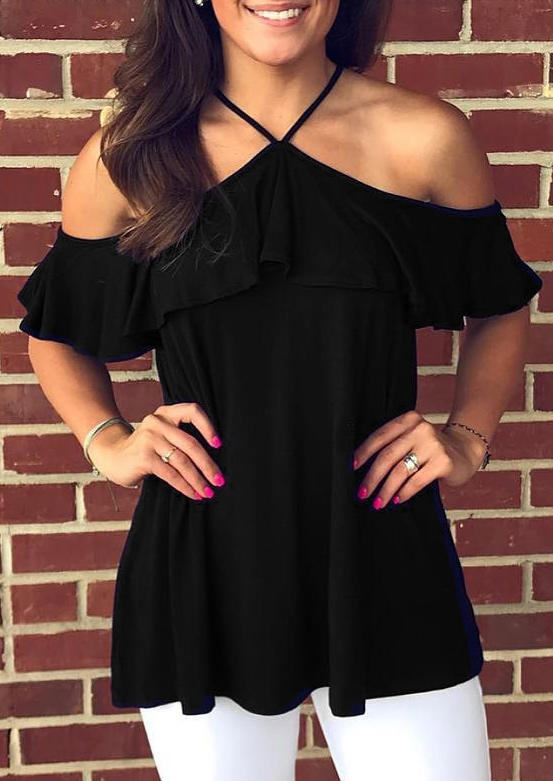 

Ruffled Halter Cold Shoulder Blouse - Black, 505821