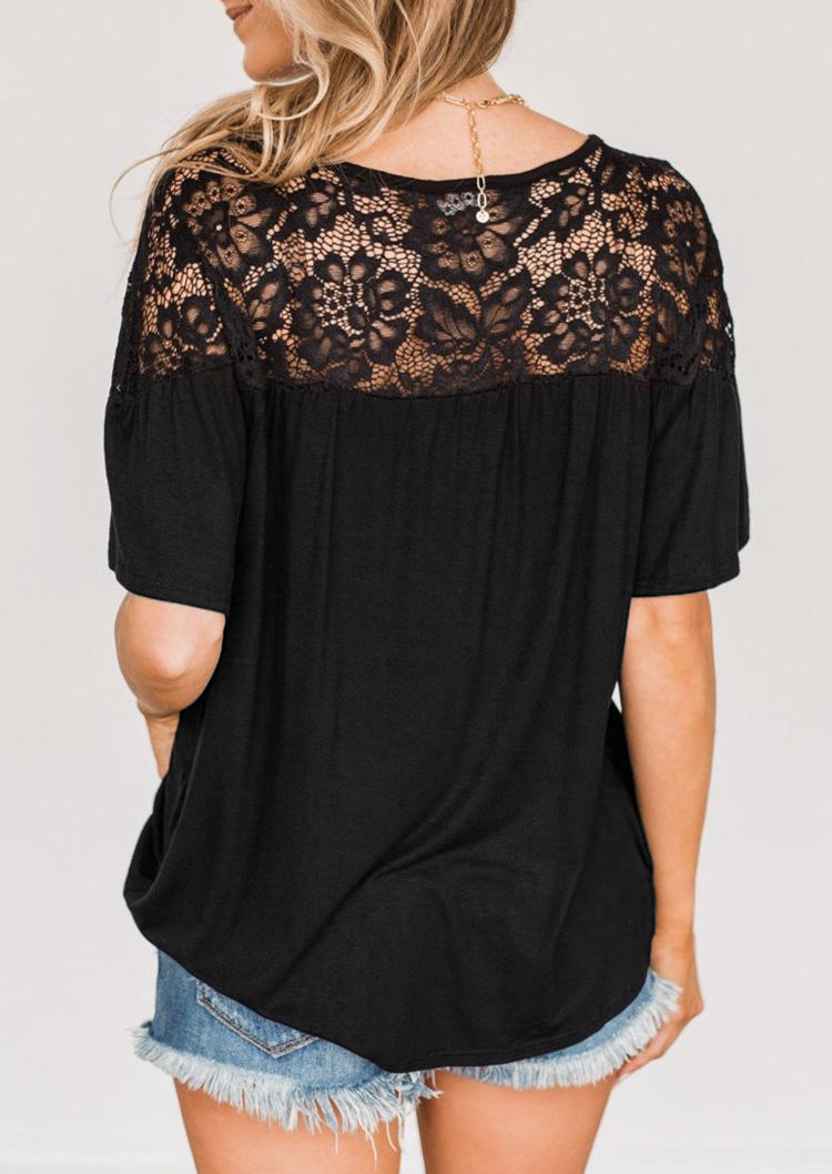 Lace Splicing Hollow Out Tie Blouse - Black