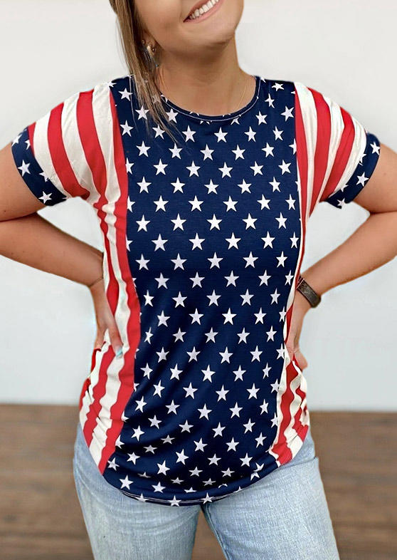 

American Flag Star Striped O-Neck Blouse, Multicolor, 505854