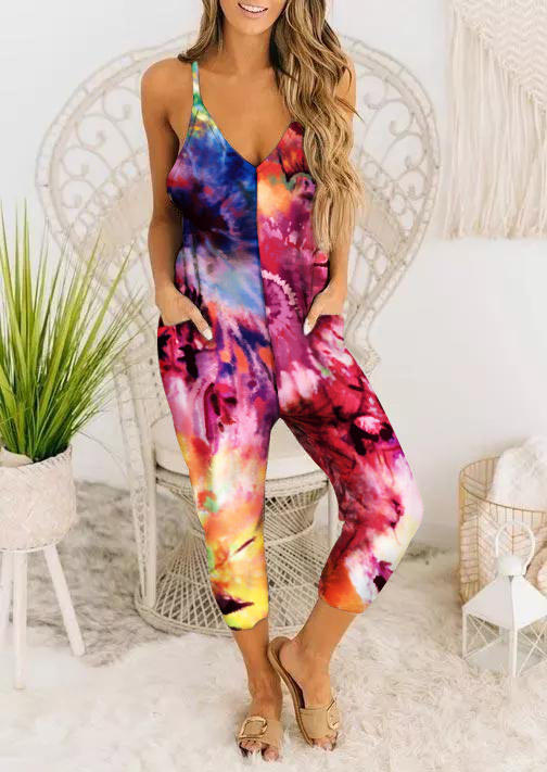 

Tie Dye Pocket V-Neck Spaghetti Strap Jumpsuit, Multicolor, 505880