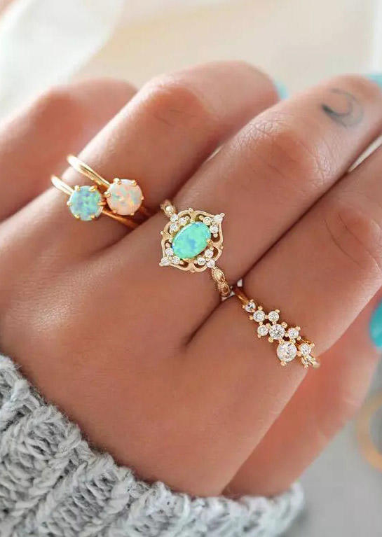 

4Pcs Fashion Rhinestone Ring Set, Gold, 466219