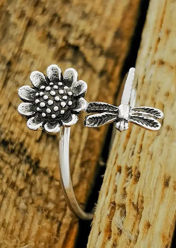 Sunflower Dragonfly Open Adjustable Alloy Ring