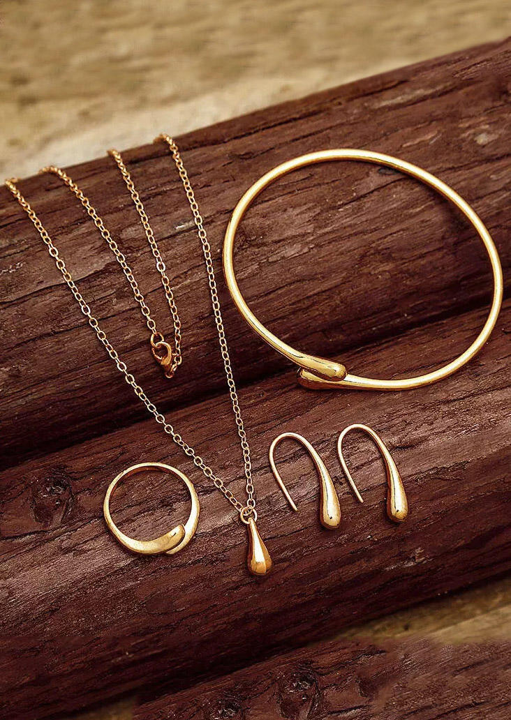 

4Pcs Creative Droplet Ring Necklace Earrings And Bracelet Set, Gold, 484464