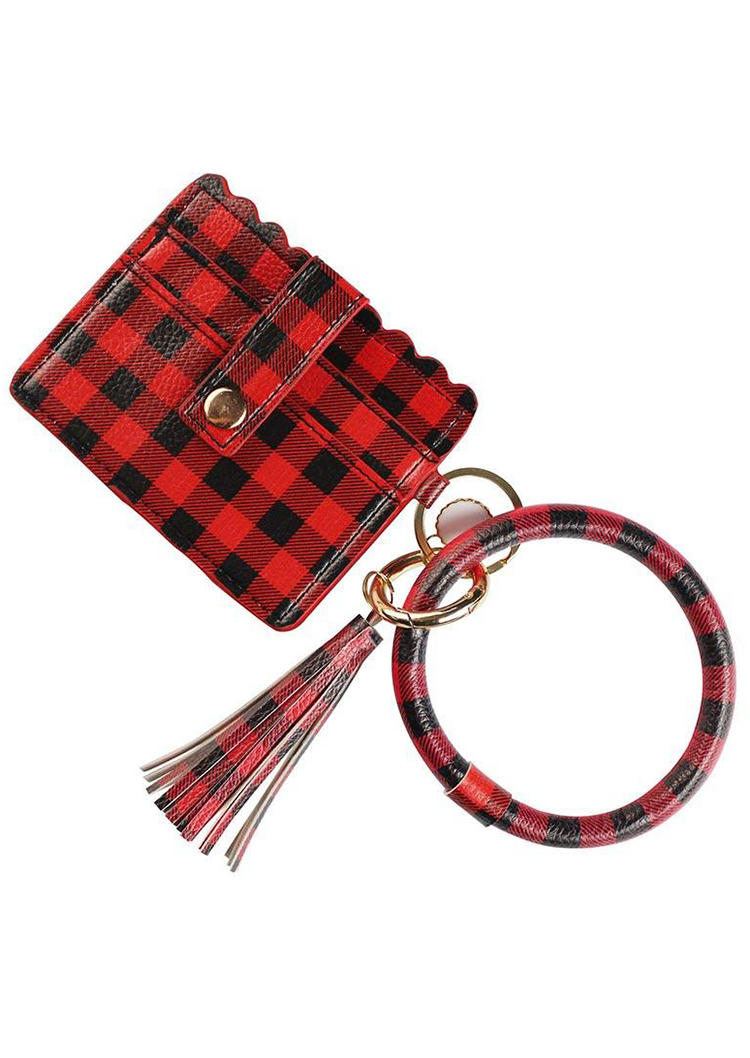 

Plaid Tassel Leather Bangle Keychain Card Holder, Red, 494162