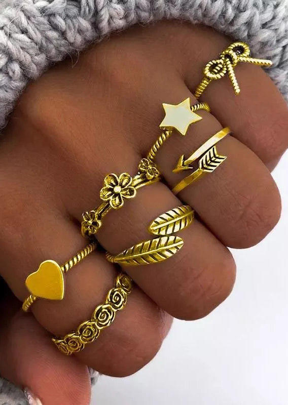 

7Pcs Heart Bowknot Floral Star Feather Ring Set, Gold, 494219