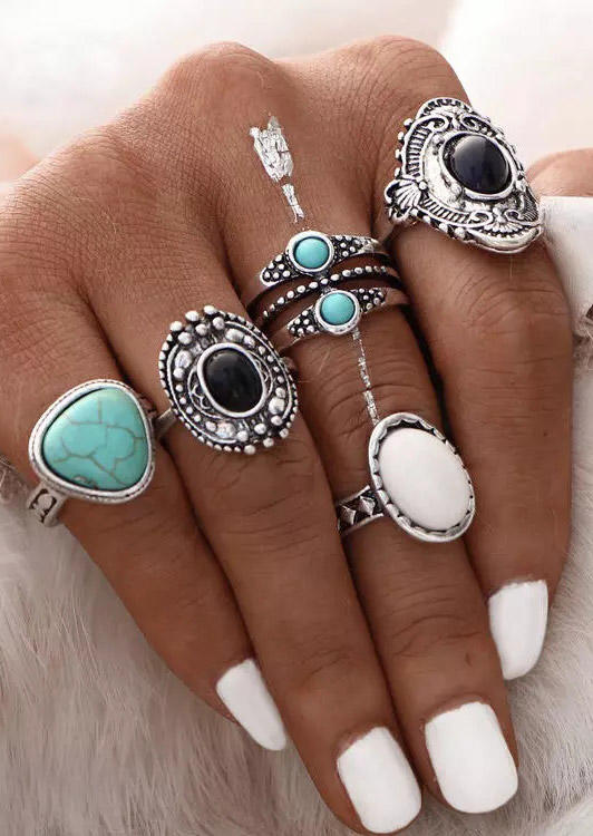 

5Pcs Bohemian Vintage Turquoise Ring Set, Silver, 495761