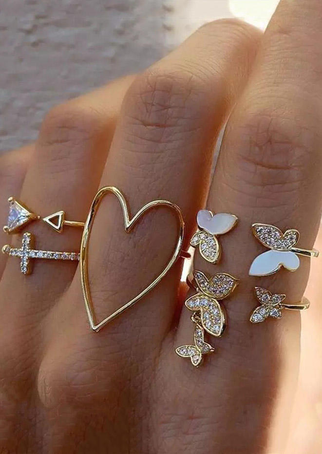 

5Pcs Rhinestone Butterfly Cross Hollow Out Heart Ring Set, Gold, 495781