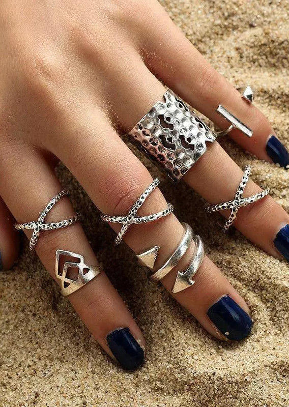 

8Pcs Bohemian Hollow Out Arrow Alloy Ring Set, Silver, 499318