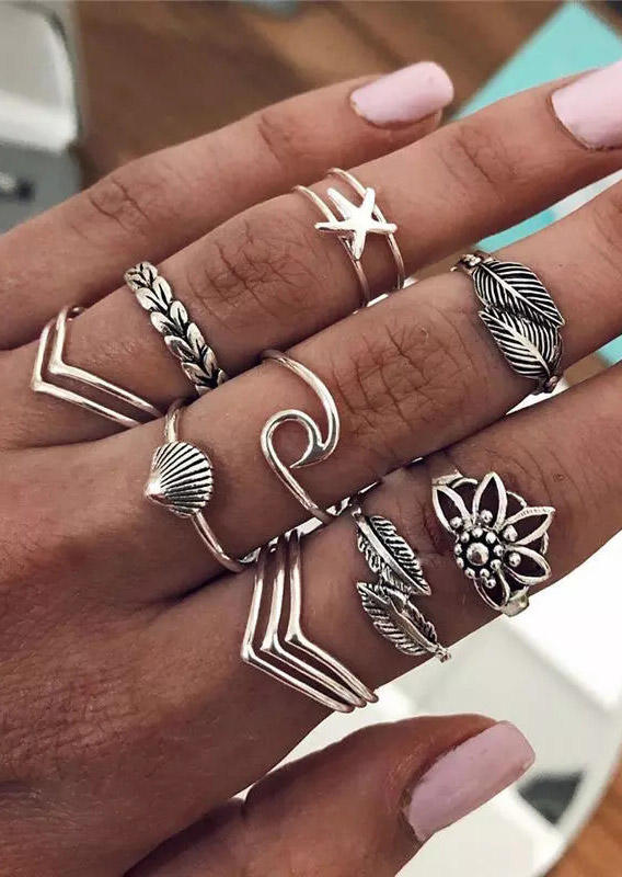 

12Pcs Palm Leaf Starfish Shell Floral Alloy Ring Set, Silver, 500035