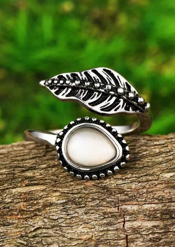 

Bohemian Shell Moonstone Palm Leaf Open Adjustable Alloy Ring, Silver, 500335