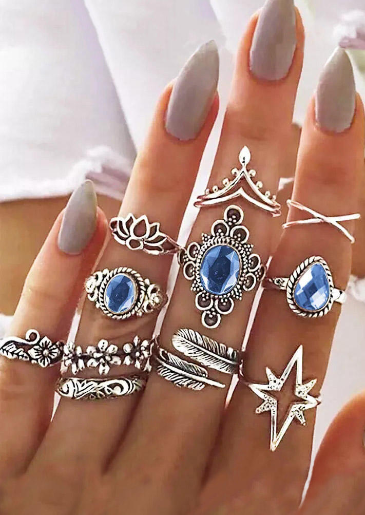 

11Pcs Inlaid Rhinestone Flower Palm Leaf Star Ring Set, Silver, 501138