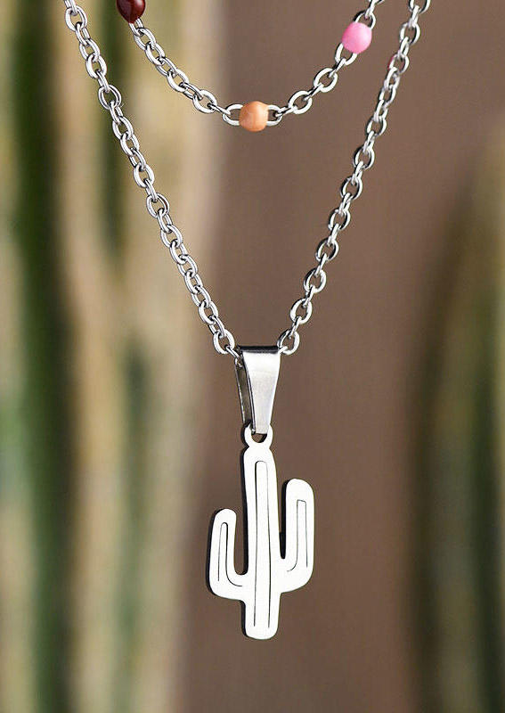 

Western Cactus Colorful Beading Dual-Layered Necklace, Silver, 502030
