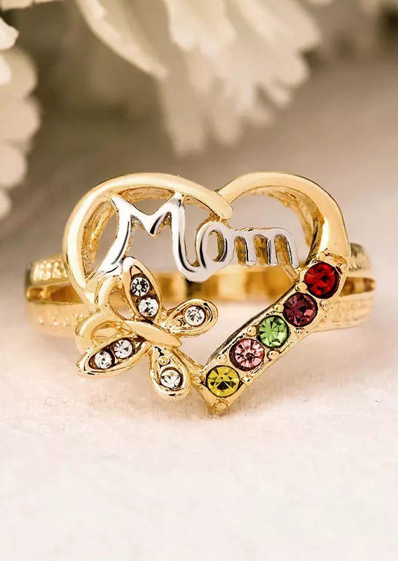 

Mom Heart Butterfly Rhinestone Ring - Gold, 502222