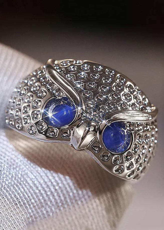 

Rhinestone Blue Sapphire Cute Owl Ring, Silver, 502241