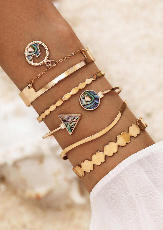 

5Pcs Natural Abalone Triangle Arrow Wave Bracelet Set, Gold, 502423