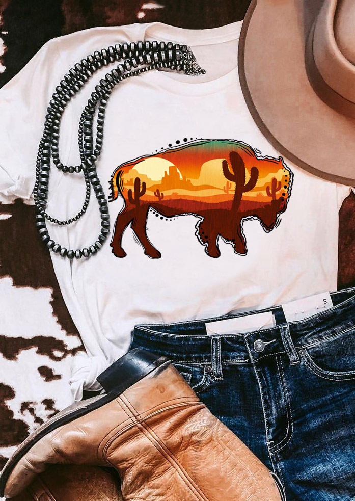 

Wild Western Bison Cactus T-Shirt Tee - White, 505181